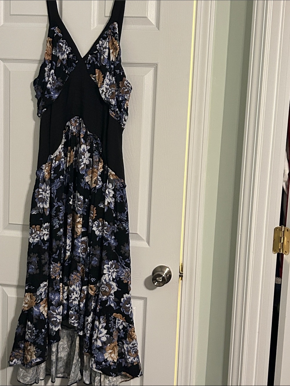 Anthropologie Black High-Low Dress with Blue & Brown Floral Print